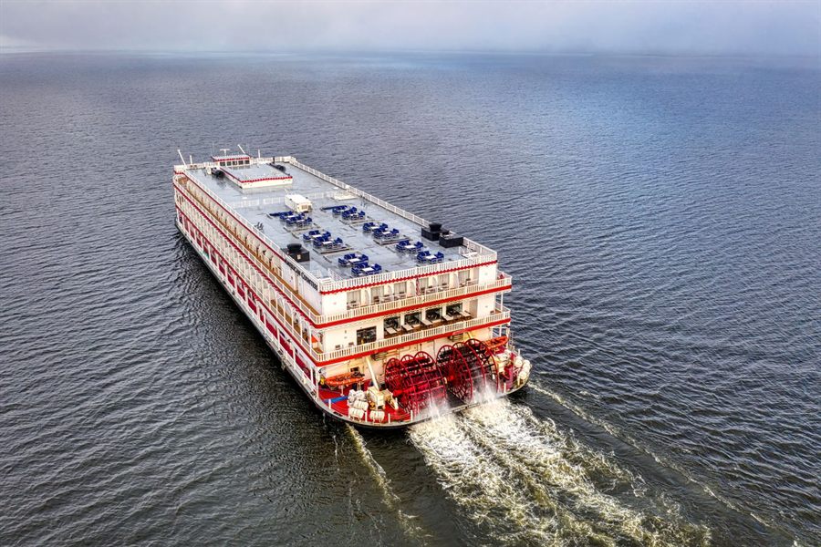 Paddlewheel riverboat from above